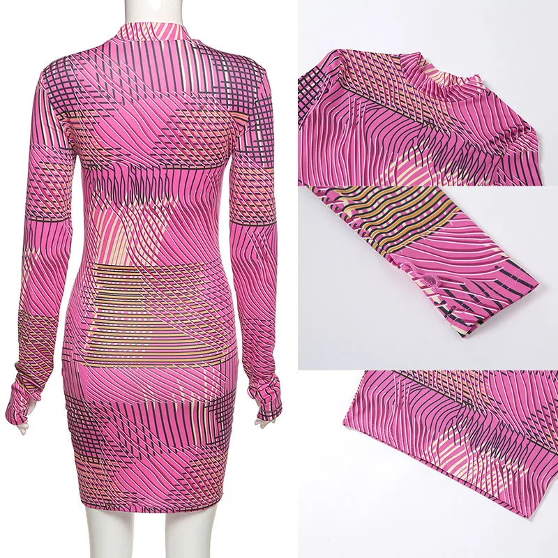 

Giyu Vintage Print Woman Dress Club Party Sexy Bodycon Mini Dresses Autumn O Neck Long Sleeve Casual Female Vestidos Outfits