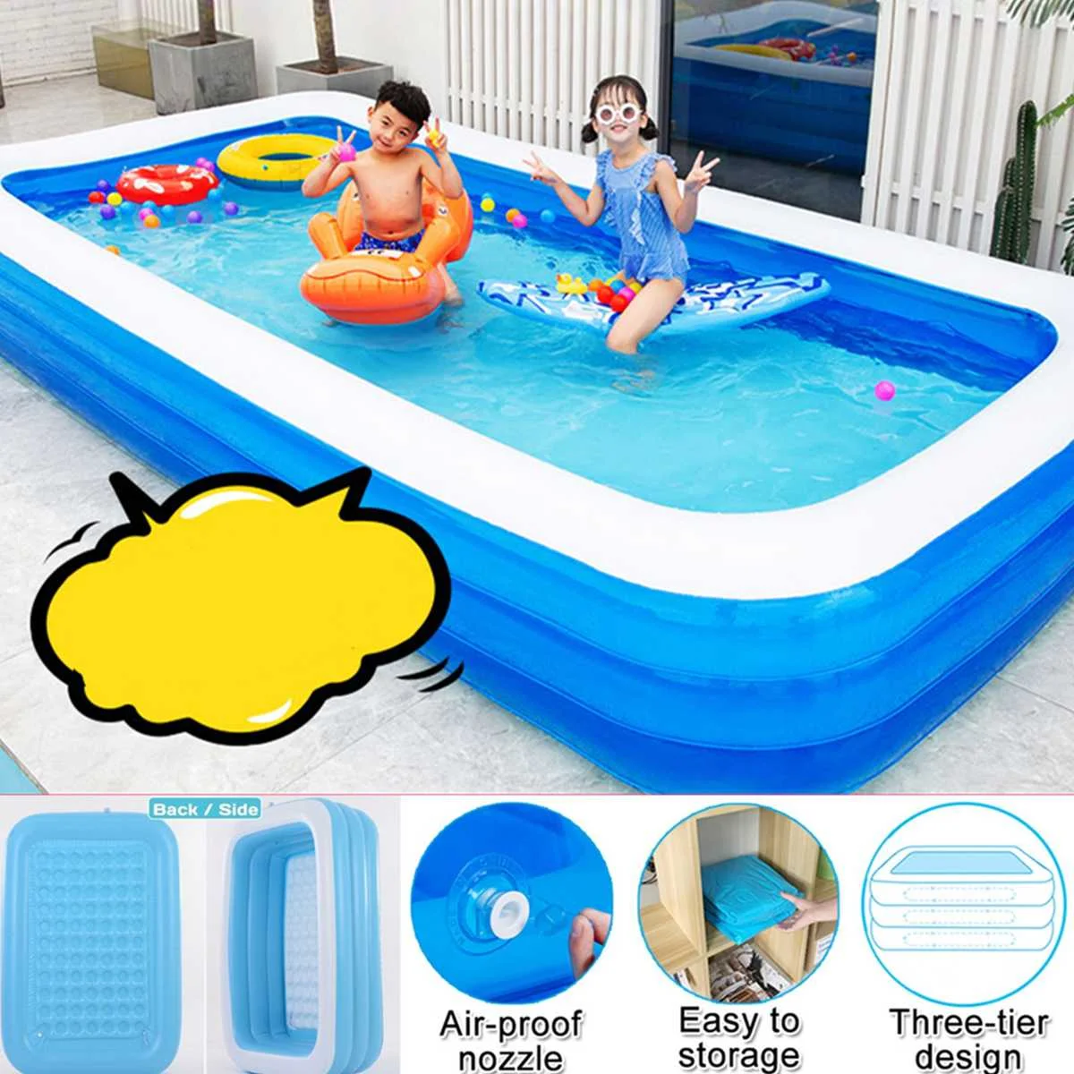 

180/210CM 2/3Layers Inflatable Swimming Pool Square Kids Children's Home Use Paddling Pool Portable Foldable Baby Bathing Tub