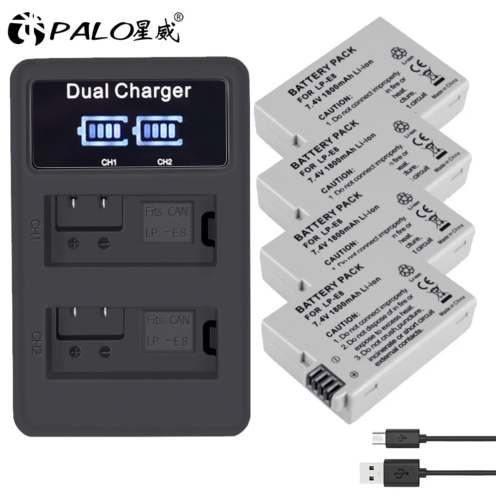PALO 2 шт. LP-E8 LP E8 LPE8 1800 мАч камера Батарея+ светодиодный двойной Зарядное устройство для цифровой однообъективной зеркальной камеры Canon EOS 550D 600D 650D 700D Rebel T2i T3i T4i T5i - Цвет: LP-E8-B-4