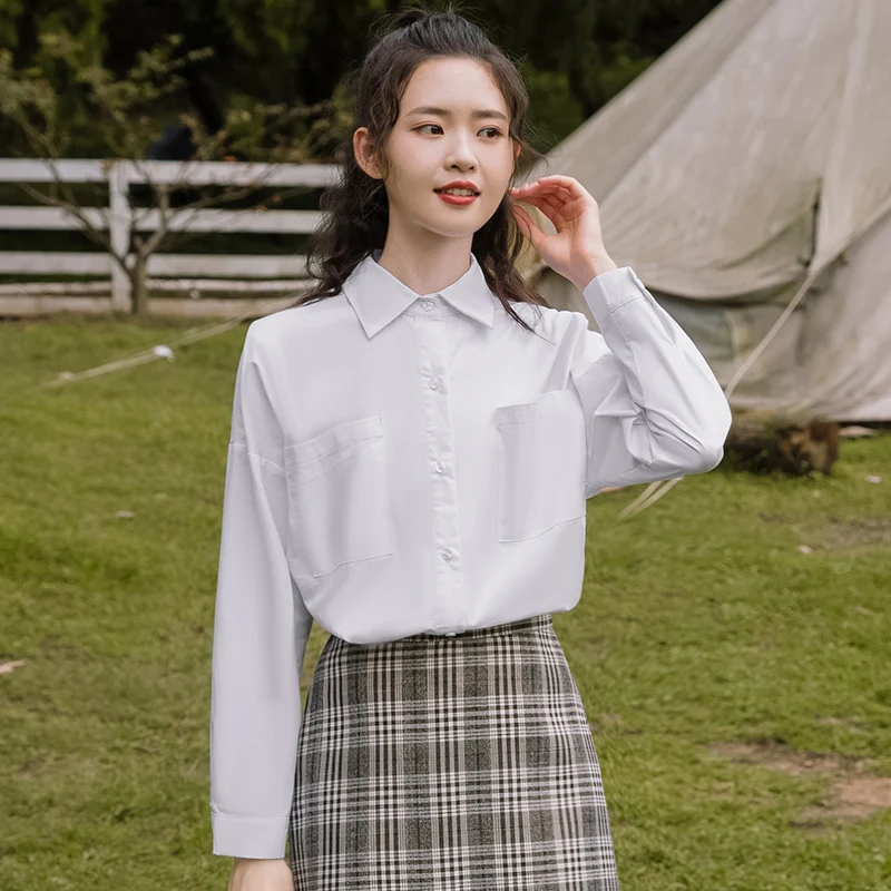 

Chic Khaki 2020 New Spring and Autumn Pure Color White Shirt Women's All-Match Student Top Tooling Casual Bottoming Shirt