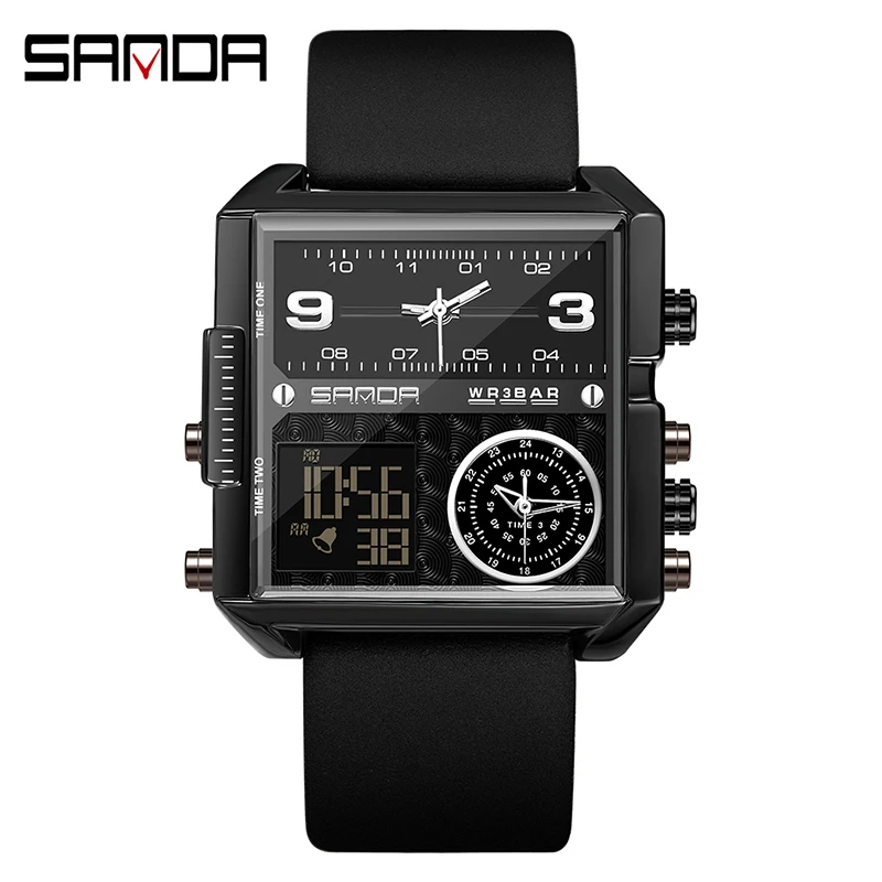 

SANDA Fashion All Black Square Men's Watches Top Brand Luxury Automatic Calendar Three Time Multi-function Digital Watch 6023