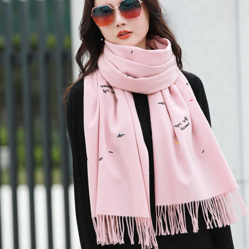 

Шарф женский зимний кашемировый, Осень-зима 2020 Корейская версия теплая шаль с вышивкой двойного назначения из пашмины