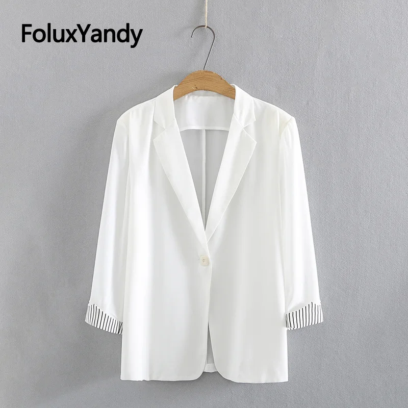 

Thin Summer Blazer Women Coat Plus Size 3 4 5 XL Three Quarter Sleeve Single Button Casual Blazers Black White KKFY5592