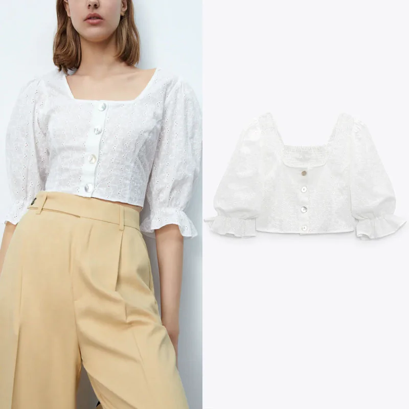 

Женский укороченный топ с вышивкой Za, модная белая блузка на пуговицах с рукавами-фонариками, элегантный дымчатый эластичный Топ, лето 2021