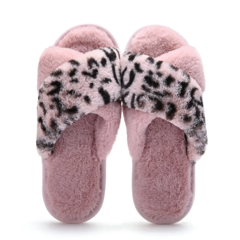 New Home Leopard Print Cross Hair Slippers Women European and American Ins Wind Breathable Plush Floor Cotton Slippers Women