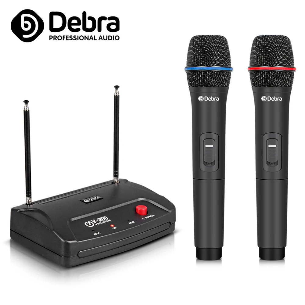 

Беспроводная микрофонная система Debra Audio V-200 VHF с двойным ручным микрофоном, 50 метров, 2 канала, для караоке, для семейной вечеринки