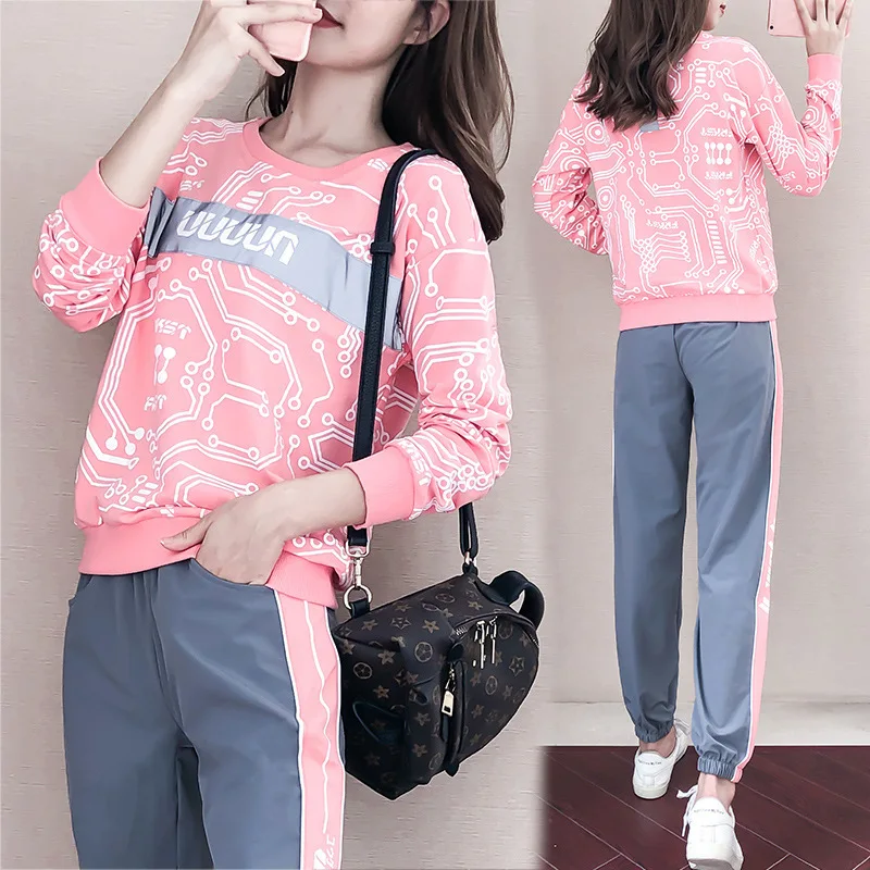 

Summer Casual Sportswear Ins Suit O-neck Printing T Shirt+Harem Pants 2021 Korean Fashion Women Clothes Tracksuit Two Piece Sets