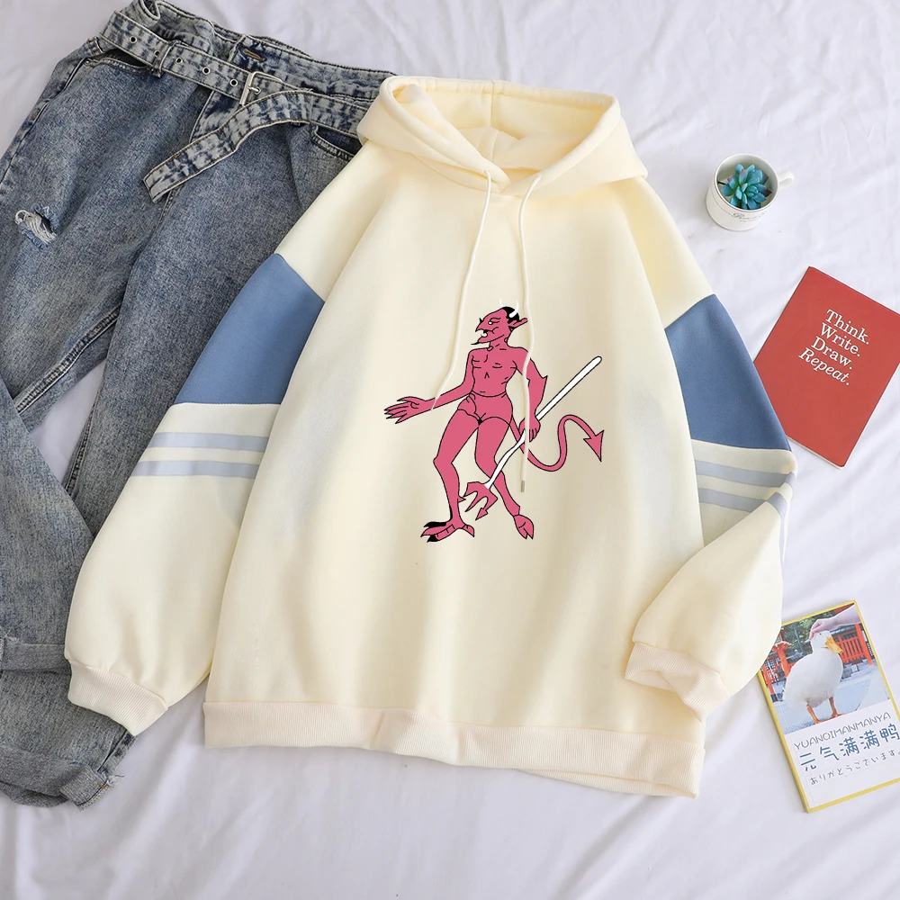 

El Diablito Printed Hoodies Autumn Winter Fleece Contrast Color Patchwork Hooded Women Casual Harajuku Kawaii Sweatshirt Clothes