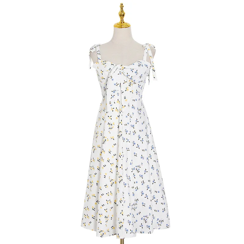 

Summer new printed strap sling square collar chest stitching bow high waist slim dress women