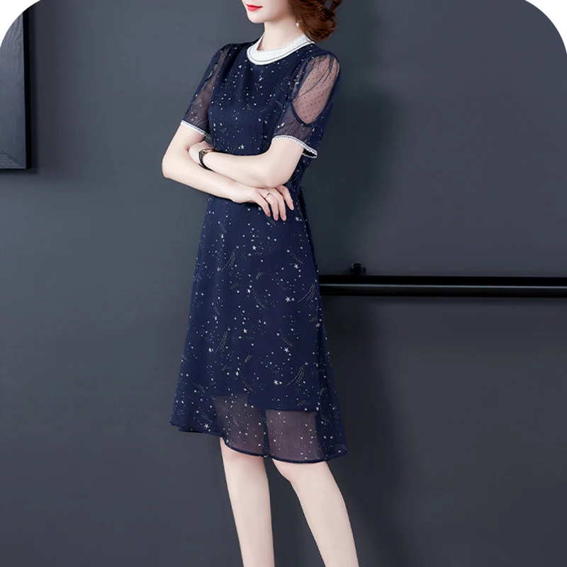 

2021 Vintage Blue Stars Print Chiffon Midi Dress Summer Office Lady 2XL Plus Size Sundress Female Classy Bodycon Party Vestidos