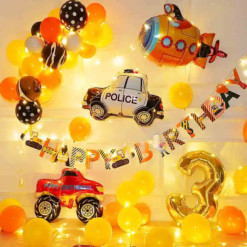 Decoración de pared de fondo para niños, cartel de feliz cumpleaños, camión de bomberos, Submarino, globos, vehículo Vintage