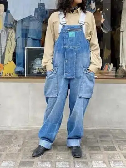 Multi-Pocket Bib Jeans Men's Washed Denim Overalls School Worker Suspenders Workers' Jumpsuit Denim Pants Asia Size