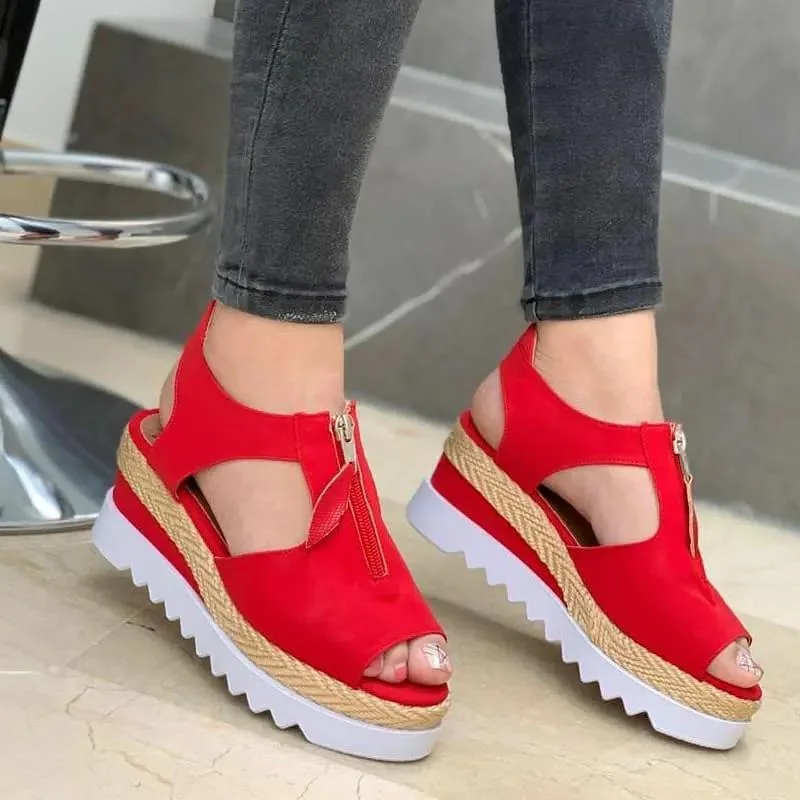 

Women Sandals Platform Peep Toe Zipper Espadrille Ladies Footwear Solid Color Flocking Summer New Beach Casual Female Shoes