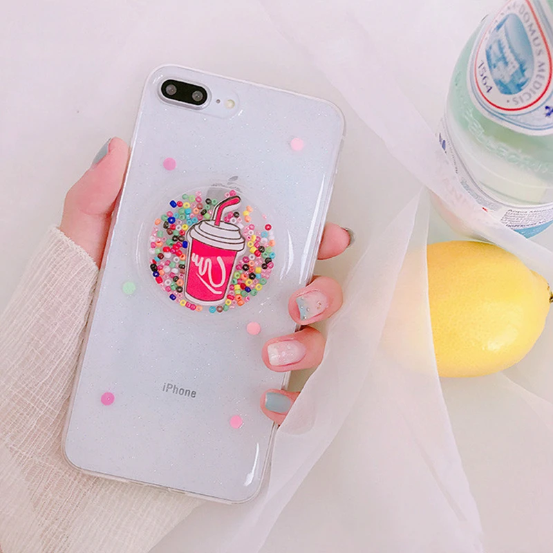 Quicksand Color Bead Phone Case For iphone 7 Plus x Cola Cup Patterned cover Clear Back case 6 6s 8 8Plus |