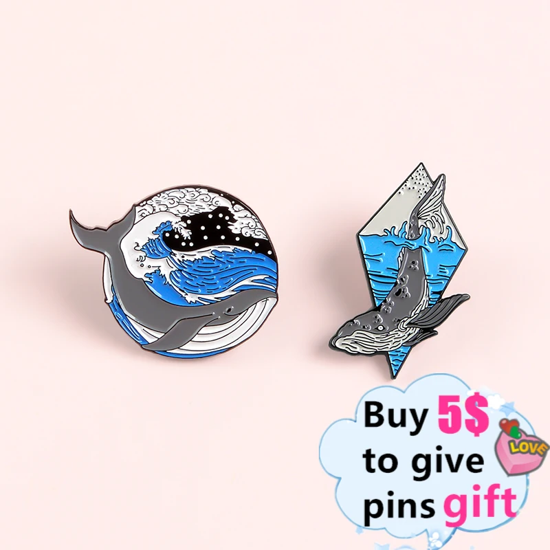Wholesale Ocean Grey Whale Pins Blue Sea Raging Waves Enamel Badge Collar Brooch Lapel Pin Backpack Jewelry Gift for Friend | Украшения и
