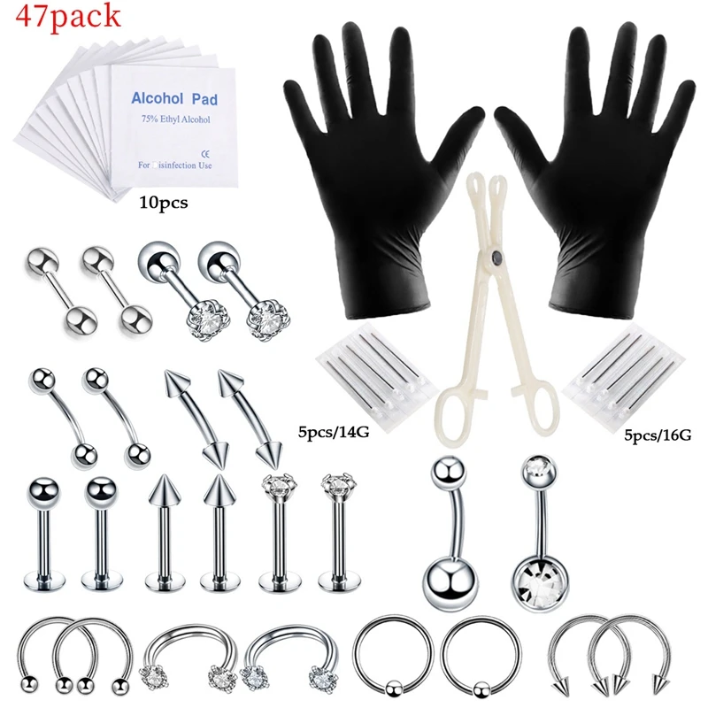 

47 PCS Professional Body Piercing Kit Steel 14G 16G Belly Ring Tongue Tragus