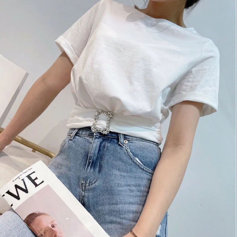 

2021NEW summer fashion solid color t-shirt women's short top, waist crystal buckle simple short-sleeved T-shirt