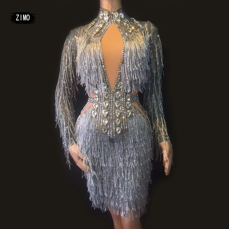

Designer Fashion Crystal Tassel Dress Women Rhinestone Elastic Stage Dance Party Dress Bar Club Singer Performance Dance Costume