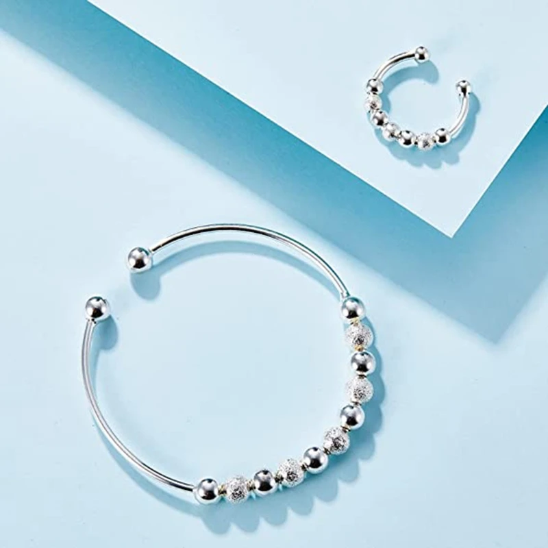 Серебряное кольцо регулируемое женское для тревожности с бусинами снятия