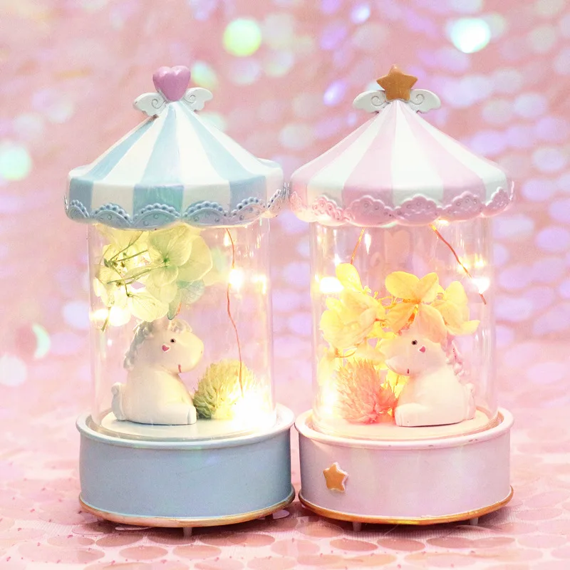 

Hot Cartoon Unicorn Night Light Decoration Music box Everlasting Flower Light Christmas Birthday Gift Toy For Baby Kids