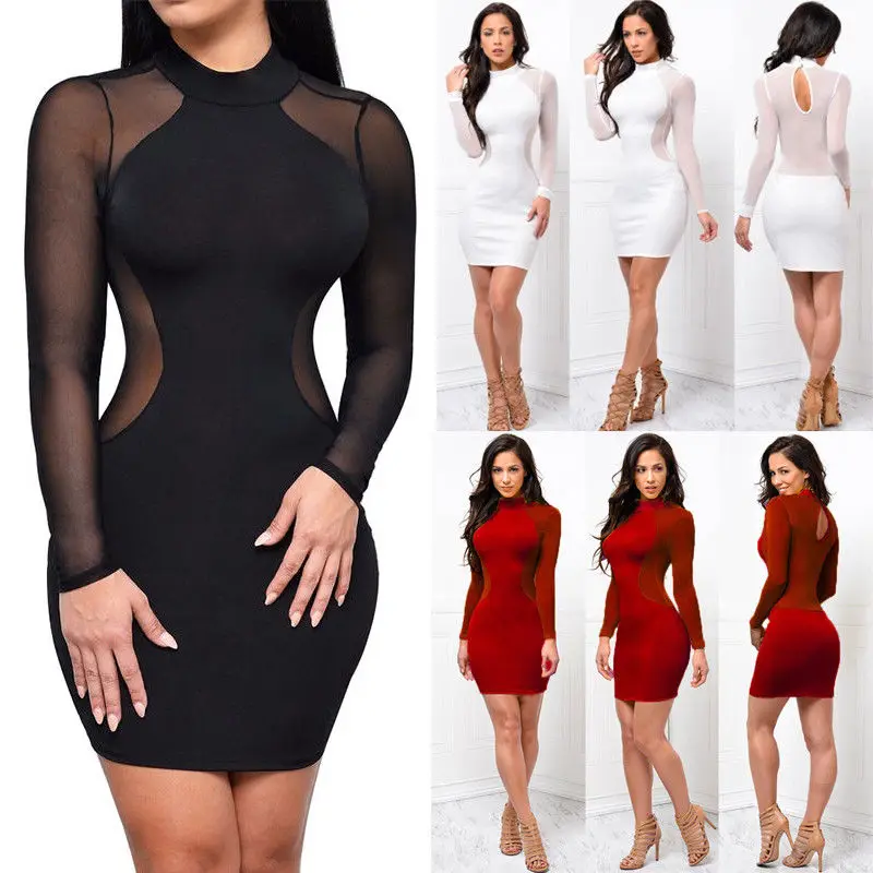 

Hot Sale Elegant Bandage Long Sleeve Sexy Dress Women Transparent Mini Bodycon Dresses Lady Plus Size