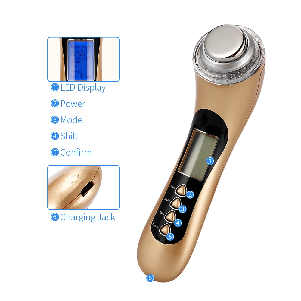 5 в 1 ультразвуковой микротоковый ионный светодиодный фотон электропорации