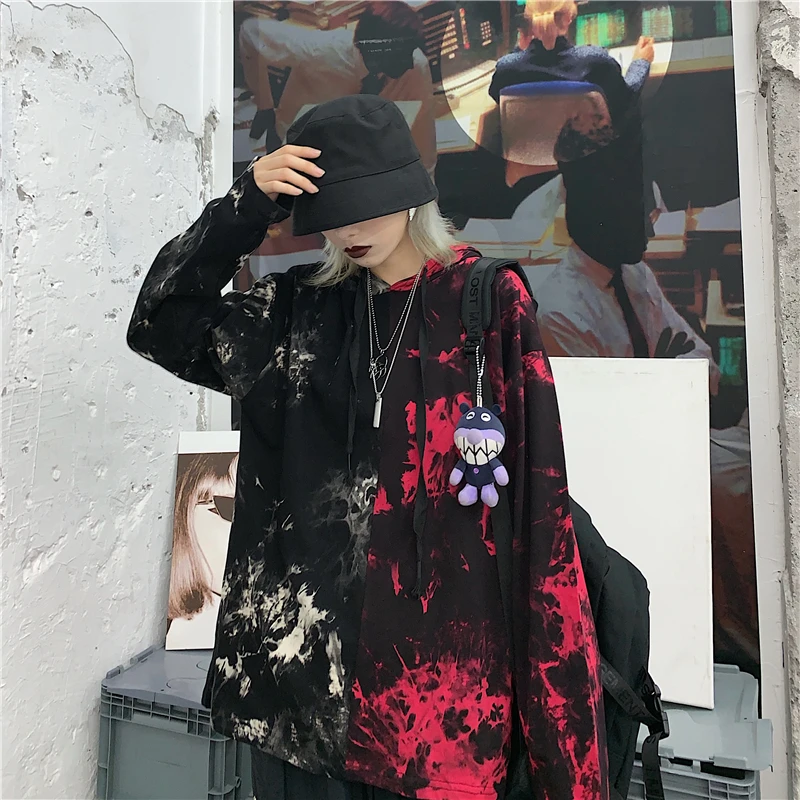 T-shirt Korean Harajuku style street retro dark black color matching tie-dye stitching loose hooded long sleeve men and women | Женская