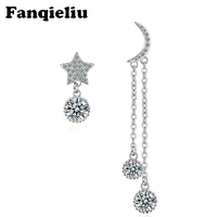 fanqieliu asymmetric star moon real 925 sterling silver drop earrings crystal women for girls trendy jewelry gift fql20224