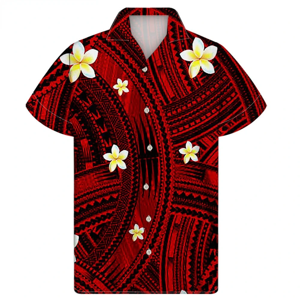 

Red Polynesian Tribal Hibiscus Plumeria Print Hawaiian Shirts for Mens Button Down Beach Top Shirt Chemise Homme