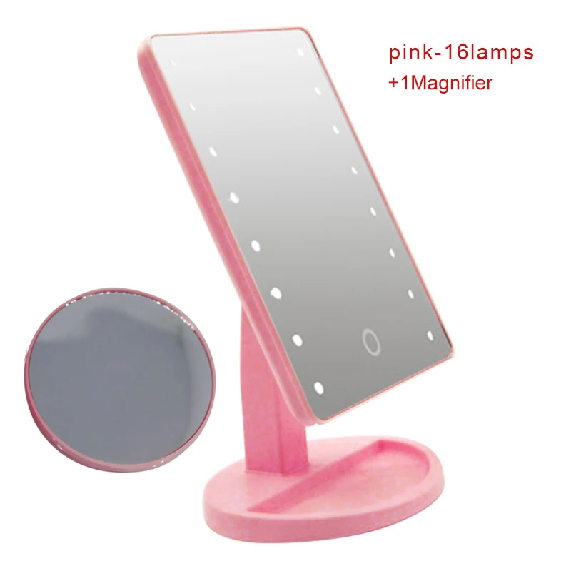 pink 16lamps 1Magnif 22 светодиодный сенсорный экран зеркало для макияжа дропшиппинг Цена со скидкой 1X 10X яркий регулируемый USB или батареи использовать 16 огней - Цвет: pink 16lamps 1Magnif