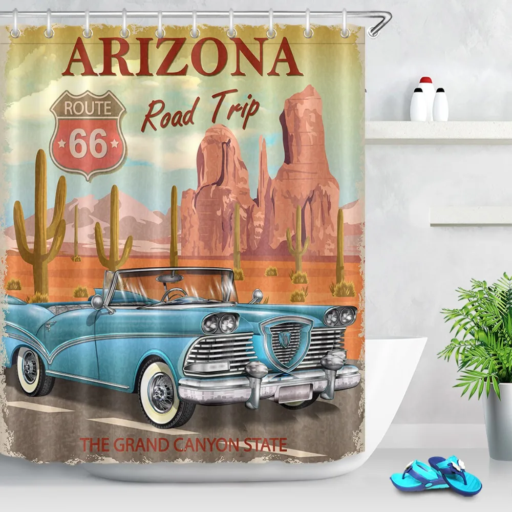 lb retro trip car motorcycle historic shower curtain route 66 liner bath screens set bathroom curtains fabric for bathtub decor free global shipping