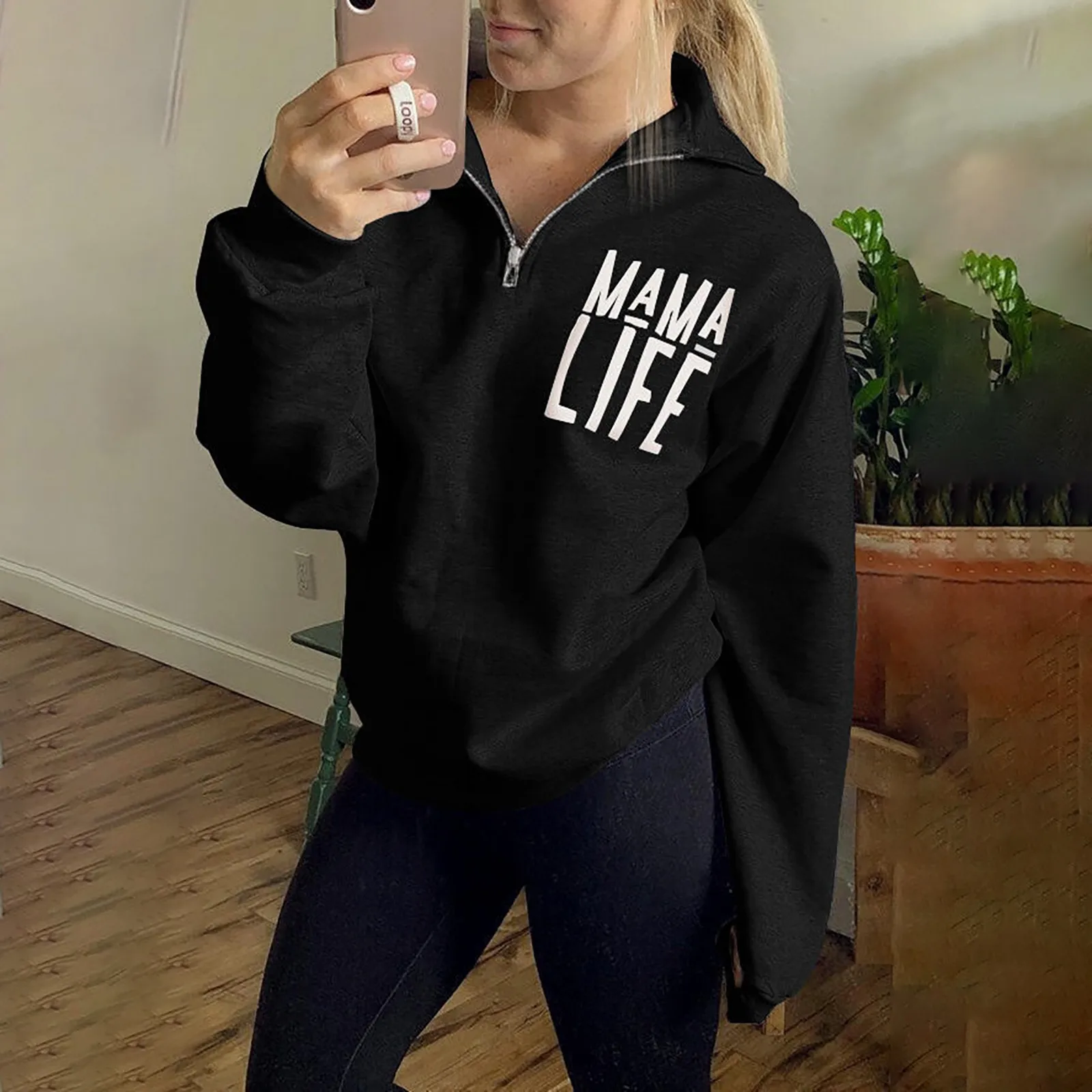 

Женский свитшот с длинным рукавом, V-образным вырезом и надписью