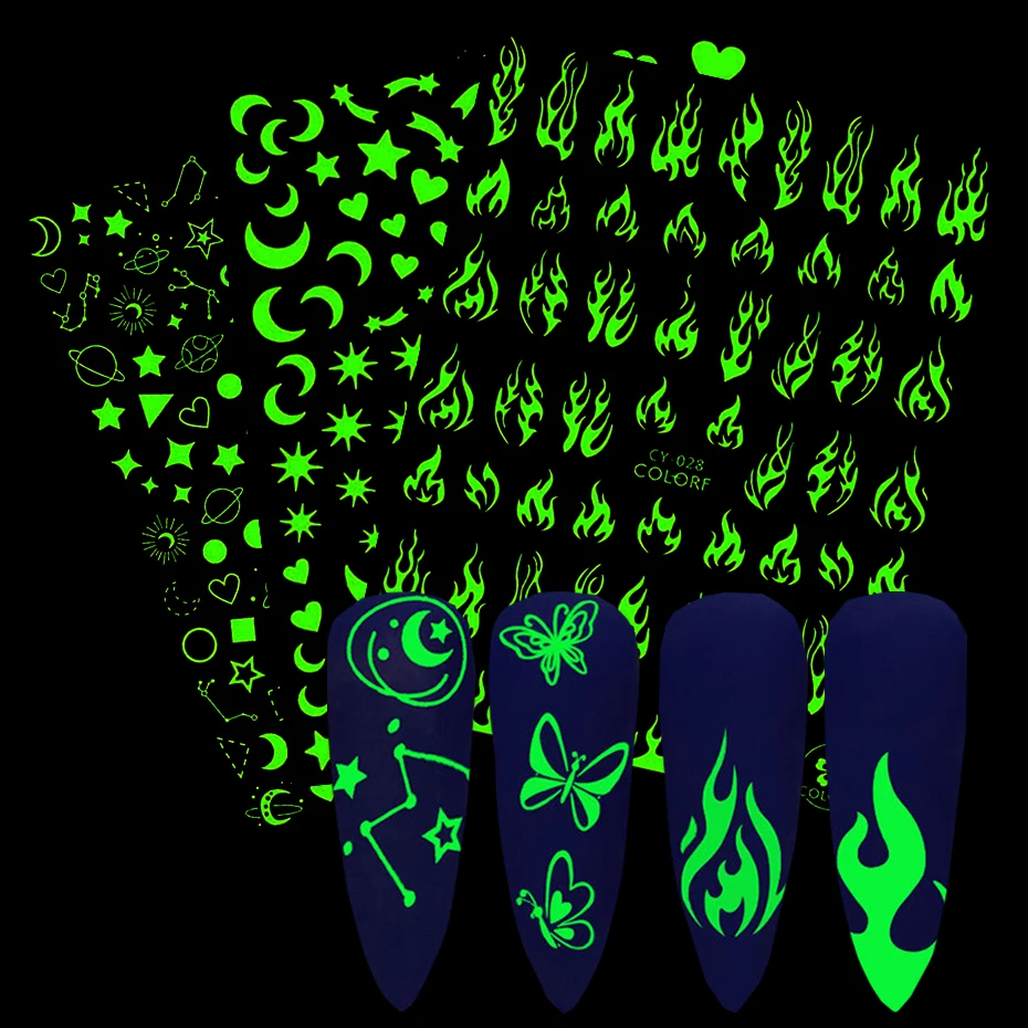 Светящиеся наклейки для дизайна ногтей 3D клейкие Пламенные бабочки Звезда Луна