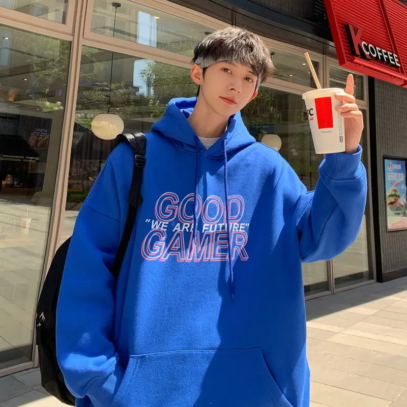 

American campus Klein blue hoodie oversize young student roora couple outfit streetwear mens hoodies