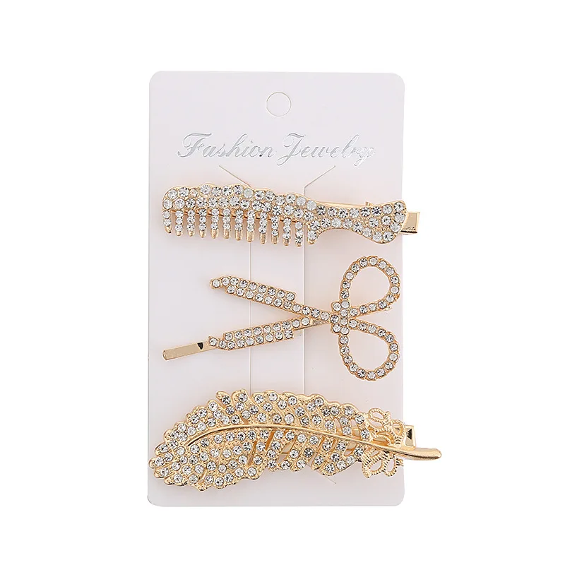 

3-piece set of Korean ins feather scissors comb set diamond hairpin side clip bangs clip one-word clip hair accessories