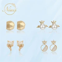 luxury simple small pearl geometry women stud earrings gold color retro crown wings girl cute fine earrings female k pop jewelry