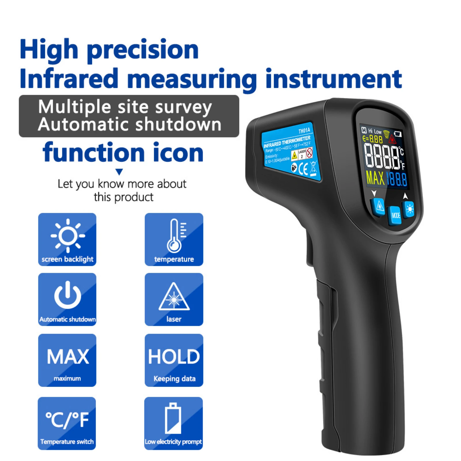 

TH01A/TH01B Digital infrared Thermometer IR laser Temperature Sensor Gun No Contact Thermometre -50~600C Meter Pyrometer