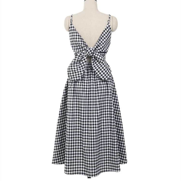 

2021 Women Summer Dresses Plaid Backless Sleeveless Pleated Checkered Lace Up Bow Cotton and Linen Long Dress Woman Dress