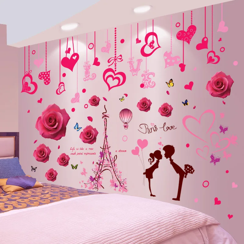 

[shijuekongjian] Tower Buildings Wall Stickers DIY Cartoon Couples Red Roses Mural Decals for Living Room Wedding Decoration