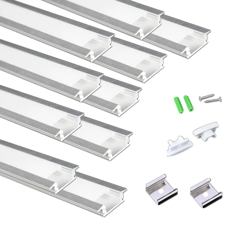 10-Pack 6.6FT 2M Recessed Strip Aluminum Channel Diffuser, Wine Cabinet Wardrobe Book Case Embedded LED Profile Milky Cover Track