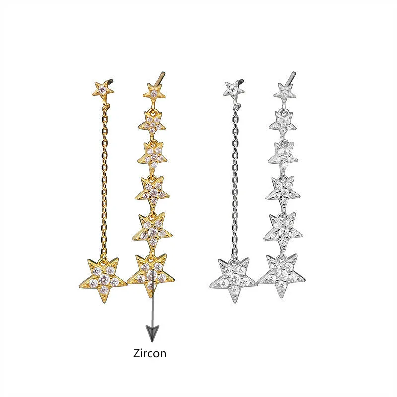 

Flyleaf Gold Star Asymmetry Drop Earrings For Women Real 925 Sterling Silver Fine Cubic Zirconia Earings Fashion Jewelry Wedding