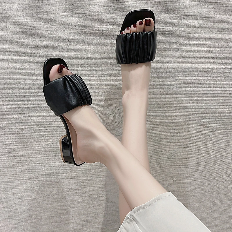 

Square heel Shoes Slippers Soft Slipers Women Med Slides Fashion Block Comfort 2021 Summer Luxury PU Rubber Rome Hoof Heels