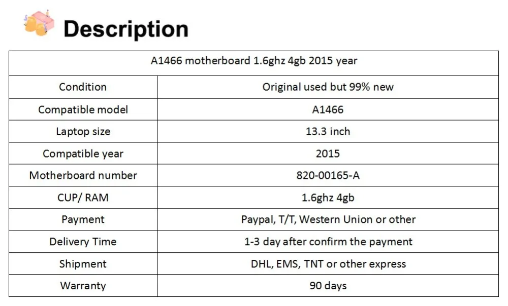 A1466 материнская плата для Macbook Air, 13 дюймов, 1,6 ГГц, 4 Гб, материнская плата, год,, б/у 820-00165-A