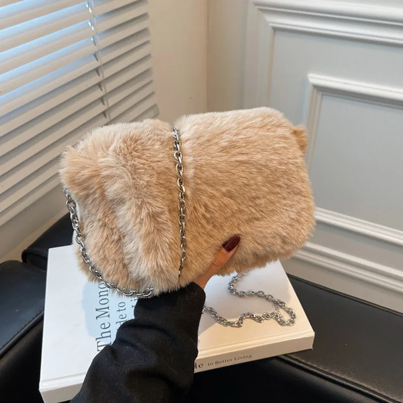 

Зимняя плюшевая сумка на плечо для женщин, сумочка кросс-боди на цепочке, модный трендовый чемоданчик, роскошный брендовый кошелек для теле...