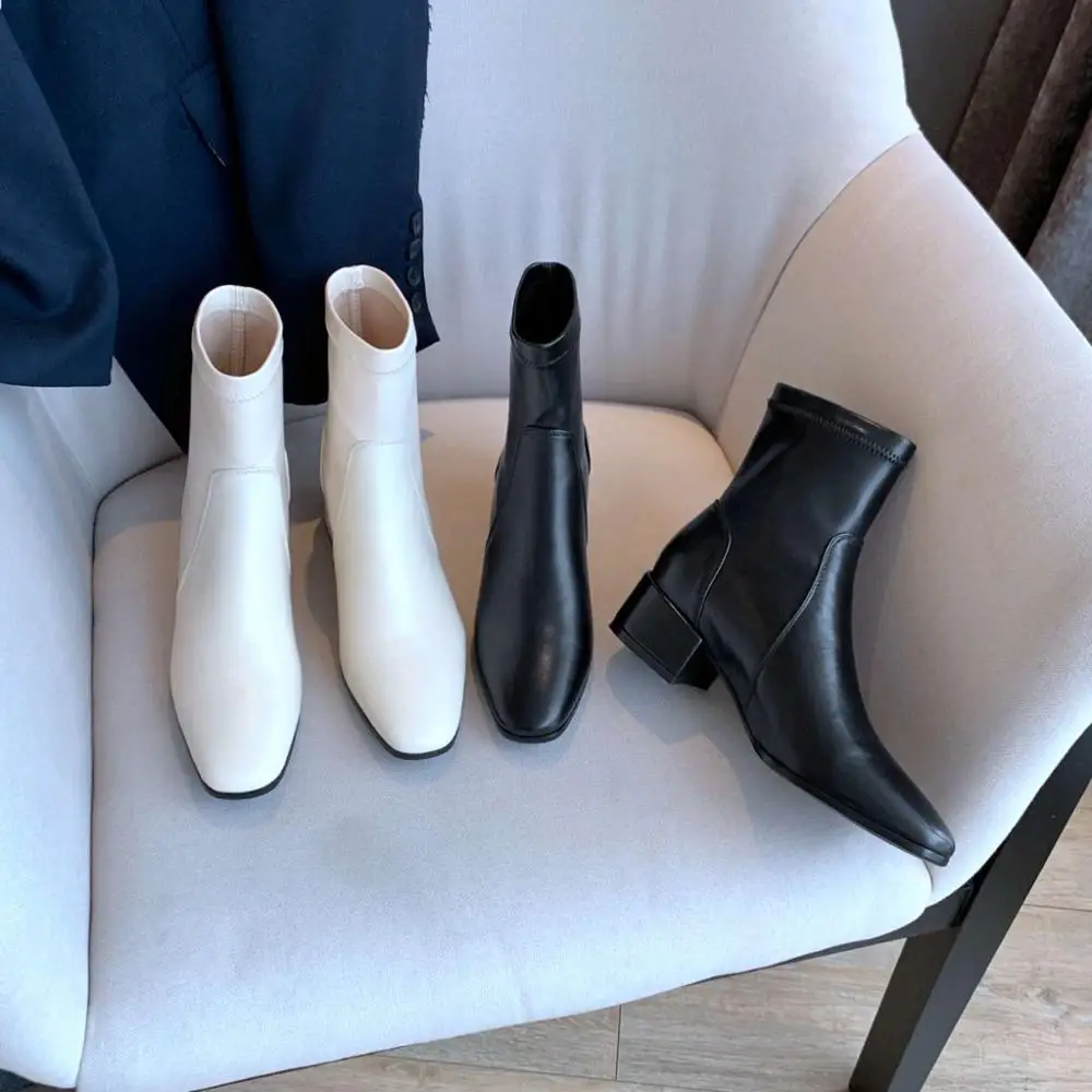 

Vichelo Hot new stretch boots real cow leather leisure square toe thick med heel slip on pretty girls daily wear ankle boots L92