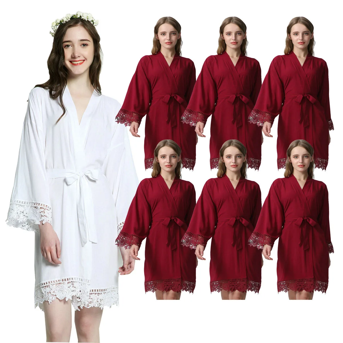 Personalized Custom Text Solid Cotton Kimono Bridesmaid Robes w/ Lace Trim Women Wedding Bridal Robe Short Bathrobe Sleepwear