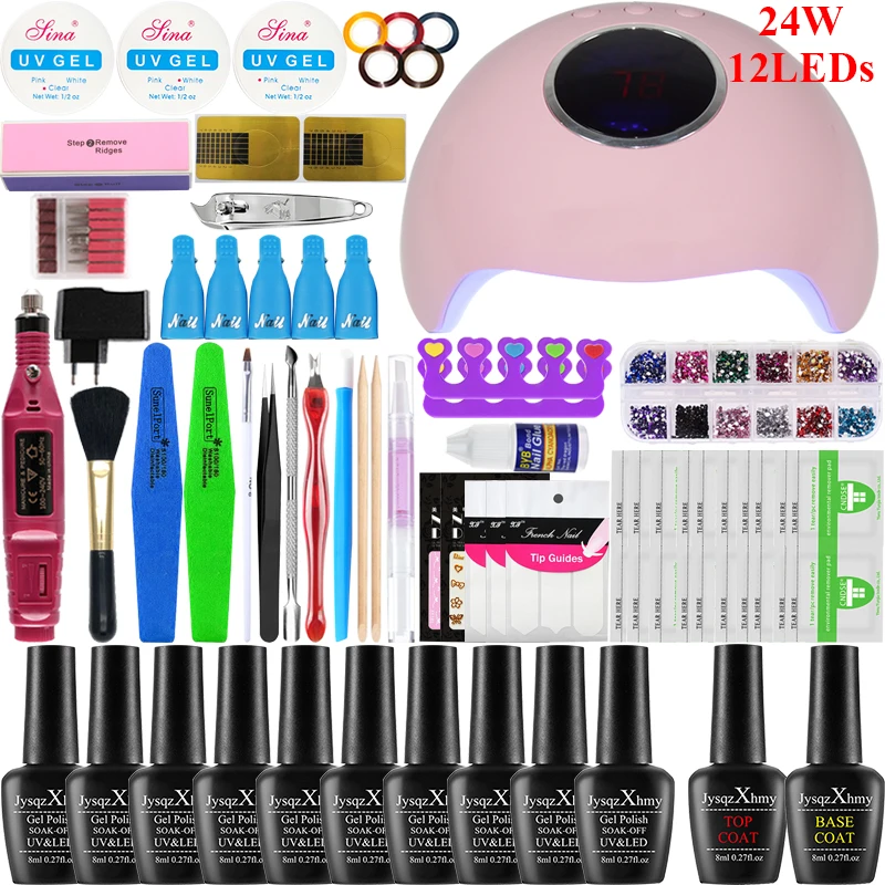 24w lamp 10 color Набор для ногтей, ультрафиолетовая лампа для маникюра, набор для ногтей, 10/16 шт, Набор лаков для ногтей с инструментами для дизайна ногтей, набор с 20000 ОБ/мин, машинка для сверления ногтей - Цвет: 24w lamp 10 color