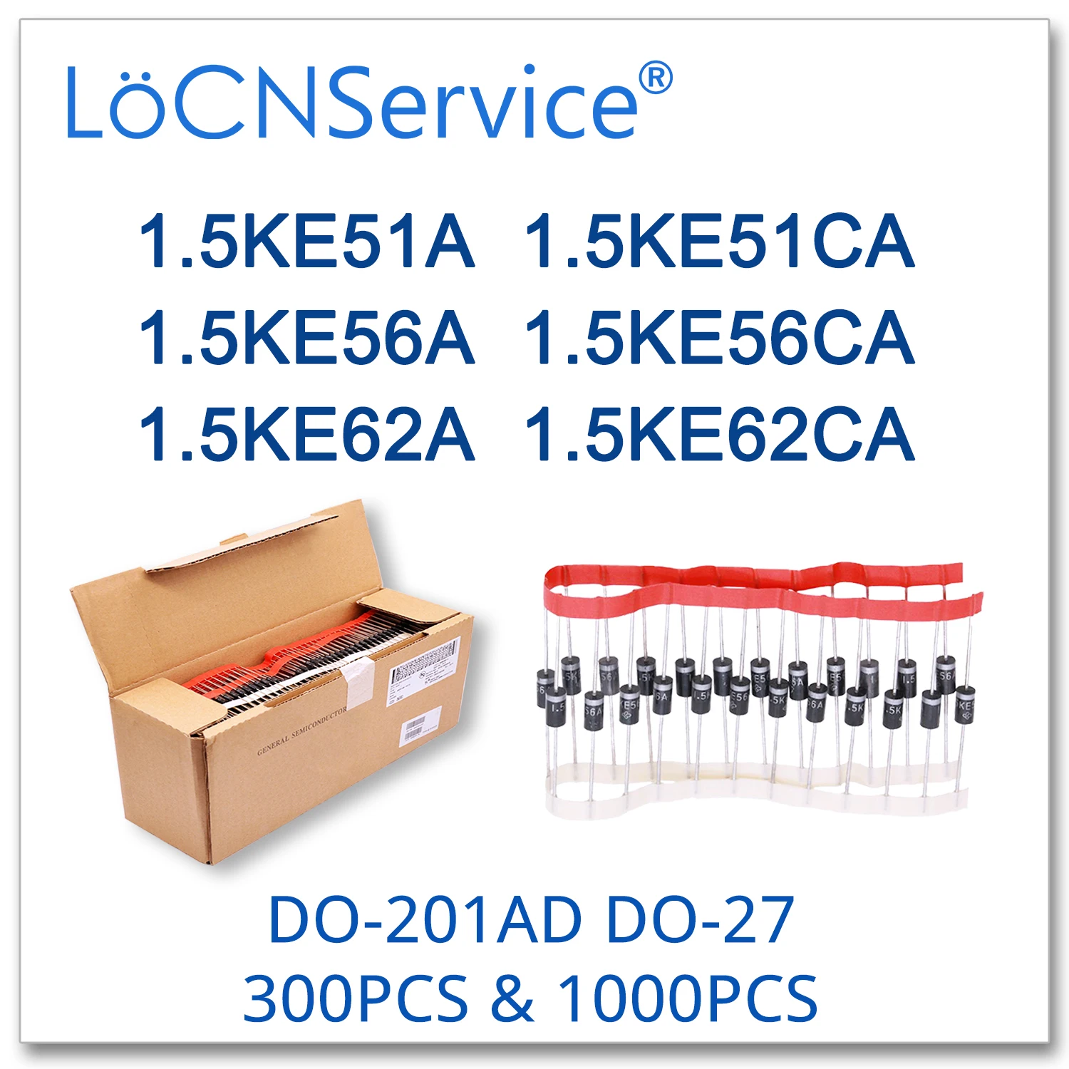 

LoCNService 300PCS 1000PCS 1.5KE51A 1.5KE51CA 1.5KE56A 1.5KE56CA 1.5KE62A 1.5KE62CA DO-201AD UNI BI DIP High quality 1.5KE TVS
