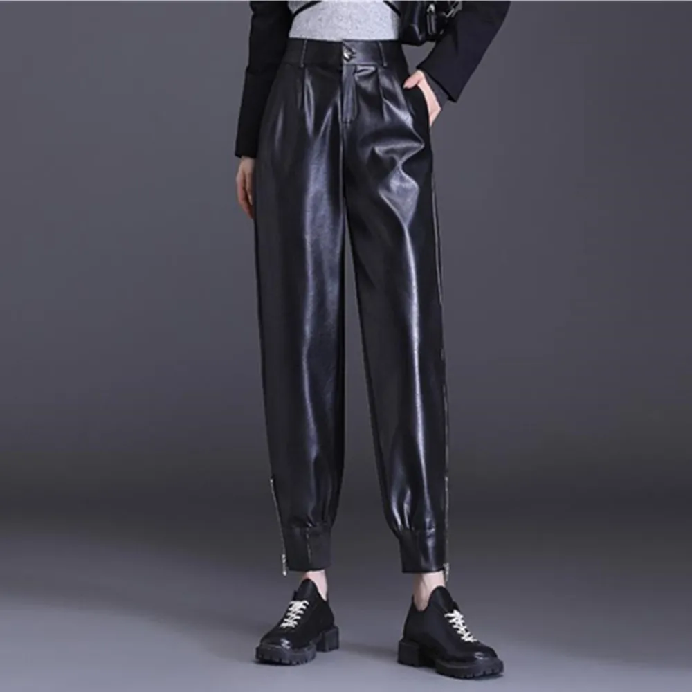 High Waist Causal Leather Pants for Women Button Zipper Up PU Pants Black Fall Straight 2023 New Streetwear Trousers