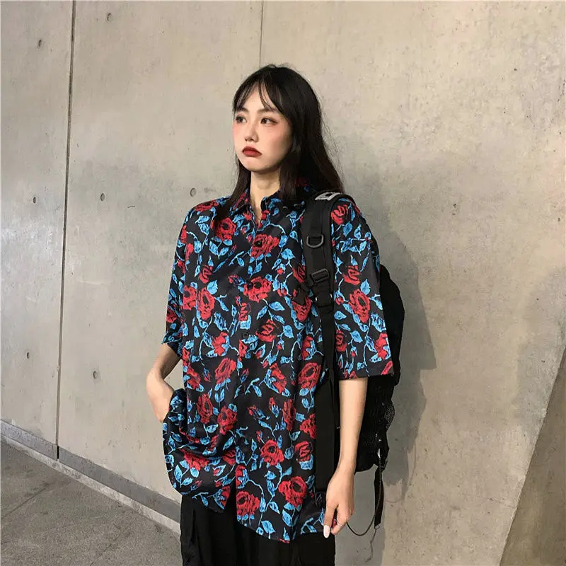 

2021 Spring Summer Floral Printing Blouse Hong Kong Style Short Sleeve Harajuku Fashion Women Button Up Shirt Korean Clothes Top